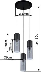 Globo 21000-3HB Függeszték, matt fekete fém, füstszínű üveg búra, matt fekete fém, fekete textil kábel, ø: 300mm, M: 1500mm, exkl. 3x E27 25W 230V