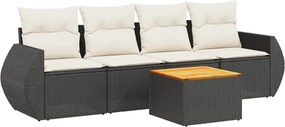 vidaXL 5 részes fekete polyrattan kerti kanapészett párnákkal
