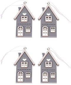 Függő fa házikó, szürke, magasság 9 cm, 4 db-oskészlet