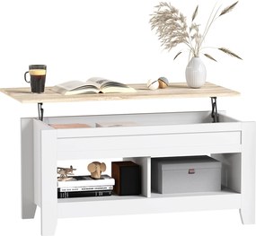 HOMCOM Emelhető Fedeles Kávézóasztal 105x50x49 cm Fehér és Natúr | Aosom