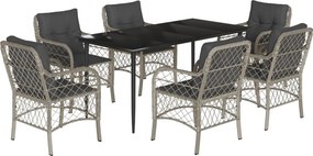 vidaXL 7 részes világosszürke polyrattan kerti étkezőszett párnával