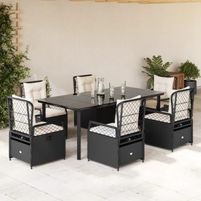 7 részes fekete polyrattan kerti étkezőgarnitúra párnával