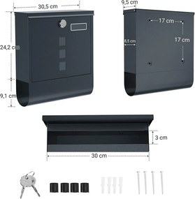Zárható postaláda újságtartóval, névtáblával falra, kerítésre szerelhető, antricit szürke