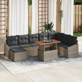 9 Darabos Kerti Étkező Szett Párnákkal Szürke Poly Rattan Akác