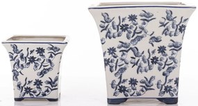 Törtfehér vintage szögletes porcelán 2db-os virágtartó kaspó szett kék virágokkal festve 11x12x12 / 17,5x18,5x18,5cm
