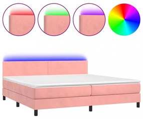 rózsaszín bársony rugós és LED-es ágy matraccal 200x200 cm
