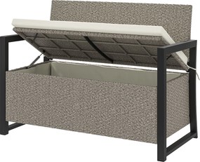 Outsunny 2 személyes rattan tárolópad 151,5L rekesszel, kültéri tárolópad háttámlával és karfákkal, kertipad mosható párnával, krém színben | Aosom