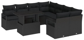9 Darabos Kerti Sofa Szett Párnákkal Fekete Poli Rattanban, 2-Fős Kerti Sofa Tárhelyes &amp; Párnákkal Fekete Poli Rattanban