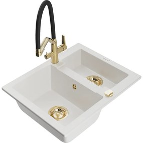 Mexen Carlos 1,5 rekeszes gránit mosogató konyhai Duo csapteleppel, fehér - 6518-20-671701-57-G