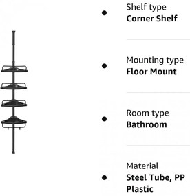 Fürdőszoba sarokpolc állítható, fekete 85-305cm