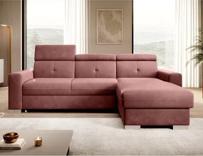 Rózsaszín bársony kinyitható-tárolóhelyes sarokkanapé (jobb oldali-heverő résszel) Fresia – ELTAP