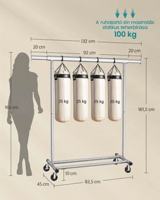 Nagy teherbírású gurulós ruhatartó, kihúzható 92–132 cm-es ruharúddal, fékezhető görgőkkel, max. 90 kg, ezüst