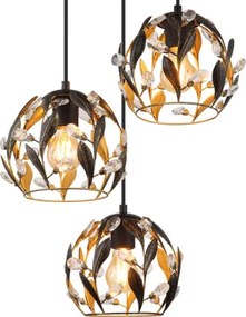 Globo 15759-3HR Függőlámpa, fekete matt fém, aranyszínű fém, fekete patinázott, tiszta akrilkristályok, fekete PVC kábel, ø: 410mm, M: 1500mm, 3x E27 40W 230V izzók nélkül