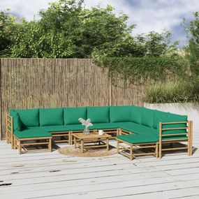 11 részes bambusz kerti ülőgarnitúra zöld párnákkal