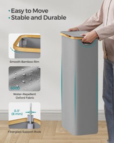 Fedeles mosókosár, 65L, levehető hálós bélés, bambusz fogantyúk, galambszürke