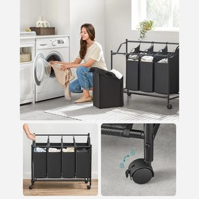 Szennyeskosár görgőkkel 4 x 35L, 4 kivehető táskával, fekete