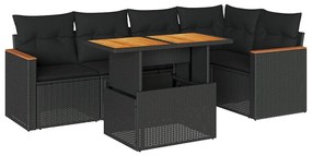 6 részes fekete polyrattan akácfa kerti ülőgarnitúra párnákkal