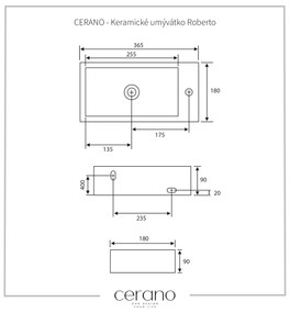 Cerano Roberto, kerámia mosogató 365x180x90 mm, függő bal, fehér fényes, CER-CER-417206L