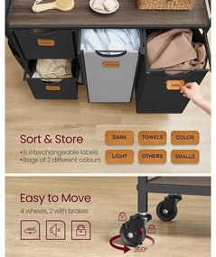 Szennyeskosár 4 rekesszel, 150 L-es ruhaválogató, fekete-szürke