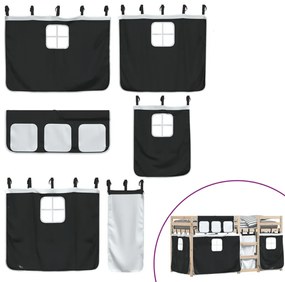 fehér/fekete tömör fenyőfa emeletes ágy függönyökkel 90x190 cm