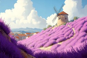 Canvas Vászonkép Franciaország Provence Szélmalom Levendula Hegyek Nyár 60x40
