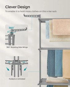 Összecsukható 4 szintes ruhaszárító állvány, mozgatható, 64 x 126 x 172 cm, rozsdamentes acél, lehajtható szárnyakkal, szürke