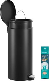Fém kerek konyhai szemetes, 30 L, pedálos, műanyag belső vödörrel, fekete