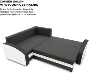 Grande sarokkanapé polcokkal , polc a jobb karfaban, baloldali, szövet anyag, bonell töltet, szürke - fehér