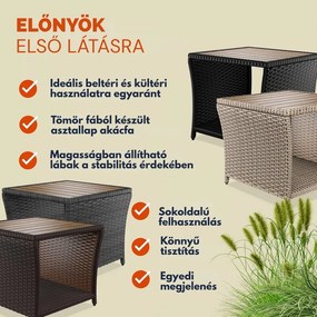 ROCCO polyrattan oldalasztal akácfával, 40x45x45cm, barna/szürke Casaria