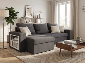 Kinyitható kétoldalas L alakú ülőgarnitúra NORIX 240x140 cm, sötétszürke polccal + 2 párnát INGYEN