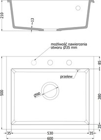 Mexen Elix 1-medencés gránit mosogató 600 x 500 mm, fehér, króm szifon - 6525601005-20