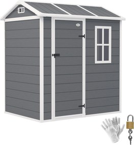 Outsunny Műanyag Szerszámtároló 2.1m² 186 x 130 x 199cm Kertiszerszám Ház Ácsos Tetővel, Padlóval, Ablakkal, Zárható Ajtóval, Időjárásálló Szürkében |