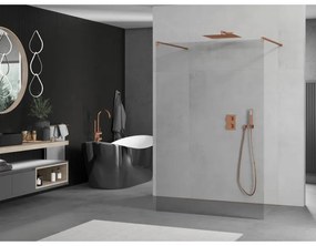 Mexen Kioto, átmenő zuhany paraván 140 x 200 cm, 8mm átlátszó üveg, 2x rose gold stabilizáló távtartó, 800-140-002-60-00