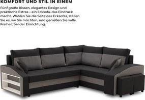 Grande sarokkanapé polcokkal és puffokkal , polc a bal karfaban puffok a jobb karfaban, jobboldali, szövet anyag, hab töltet, fekete - szürke