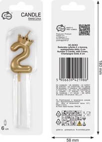 Arany Champagne Crown 2-es számgyertya, tortagyertya 6 cm