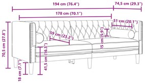 3 személyes krémszínű bársony Chesterfield kanapé párnákkal