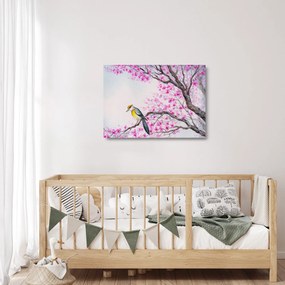 Kép - Madár egy fán rózsaszín virágokkal (üvegen) (70x50 cm)