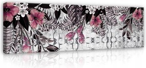 Vászonkép 145x45 Trópusok virágok levelek minta rózsaszín bordó természet művészet