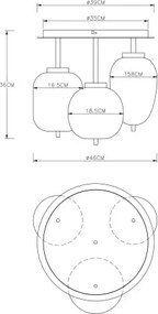 Globo 15345-3D Mennyezeti lámpa fém matt fekete, füstszínű üveg, 3 eltérő alakú üveg, ø: 460mm, H: 360mm, fényforrás nélkül szállítva 3x E14 40W 230V