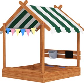 Outsunny Homokozó Tetővel, Fa Homokozó Ülőhellyel, Játék Móka Ház, 124 x 116 x 146 cm Homokozó Krétatáblával 3-7 Éves Gyerekeknek, Kert, Zöld | Aosom