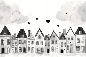 Fotótapéta Flizelina Gyerekek Város Utca Házikók Szívecskék B&w 254x184 ragasztó