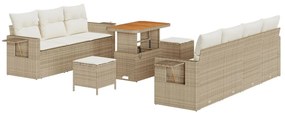 10 részes kerti kanapé szett párnákkal Bézs Poli Rattan Akácia, 3 részes kerti étkezőszett párnákkal Bézs Poli Rattan Akácia