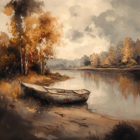 Canvas Vászonkép Őszi Tájkép Csónak Folyó Arany Ősz 40 x 40