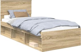 vidaXL Ágykeret fejtámlával Sonoma tölgy 90 x 200 cm Tömör fenyőfa