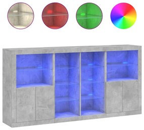 betonszürke tálalószekrény LED-világítással 202 x 37 x 100 cm