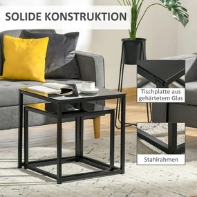 HOMCOM Dohányzóasztal 2 db-os kisasztal szett, modern dizájn, rakásolható, üvegasztal, fekete