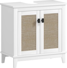 HOMCOM Mosdó Szekrény Pedestál Állvánnyal 2 PE Rattán Ajtóval 2 Polccal és Felborulásgátló Rendszerrel 60x30x60 cm Fehér | Aosom