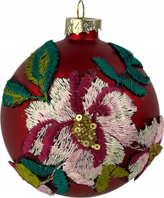 Karácsonyfadísz – piros, nagy rózsaszín virág, hímzés, matt