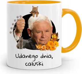 Sárga Vicces Bögre Jaroslaw Kaczynski felirattal, fényképpel