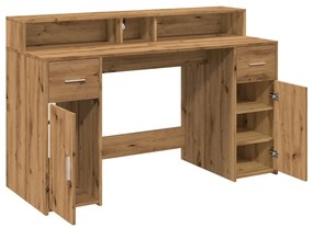 kézműves tölgy színű szerelt fa LED-es íróasztal 140x55x91 cm